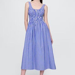 NWT GAP Poplin Smocked Midi Dress in Blue Stripe